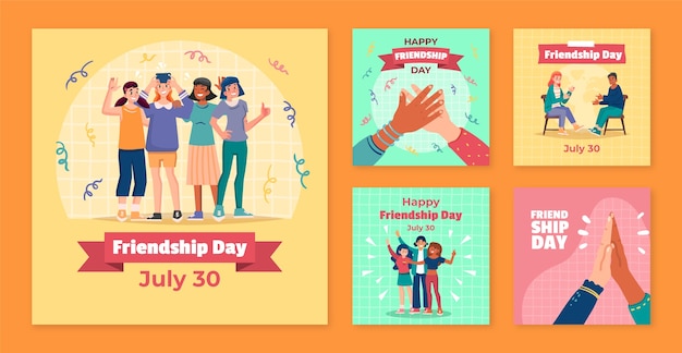 Flat instagram posts collection for international friendship day celebration