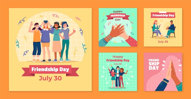 Плоская коллекция постов в instagram для празднования международного дня дружбы