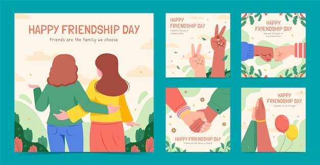 Free vector flat instagram posts collection for international friendship day celebration