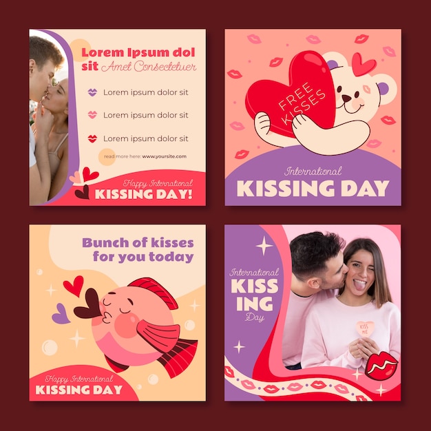 Flat instagram posts collection for international kissing day