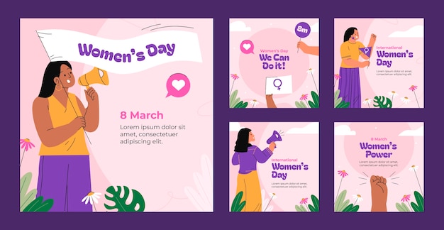 Flat instagram posts collection for international women's day celebration