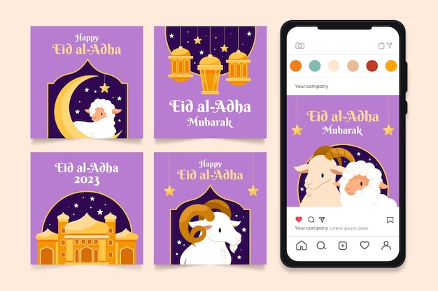 이슬람 eid al-adha 축하를 위한 플랫 인스타그램 게시물 모음