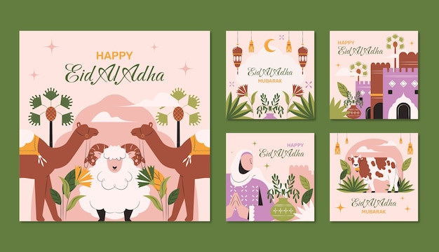 Free vector flat instagram posts collection for islamic eid al-adha celebration