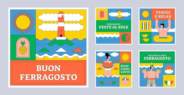 Free vector flat instagram posts collection for italian ferragosto celebration