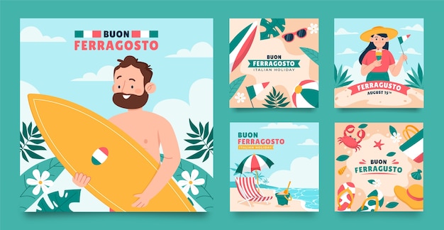 Vettore gratuito collezione di post instagram piatti per la celebrazione estiva italiana di ferragosto