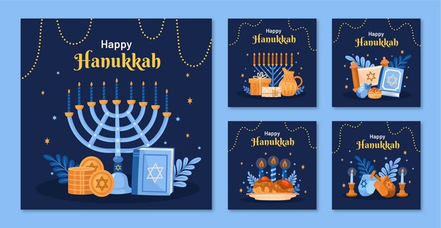 ユダヤ人のハヌッカの祝いのためのフラットインスタグラム投稿コレクション