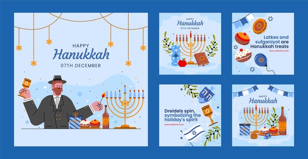 flat instagram posts collection for jewish hanukkah celebration