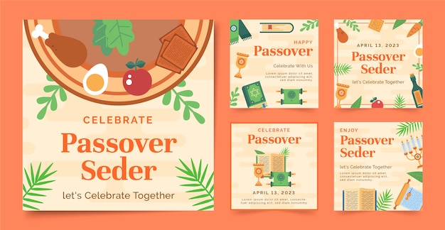 Free vector flat instagram posts collection for jewish passover celebration