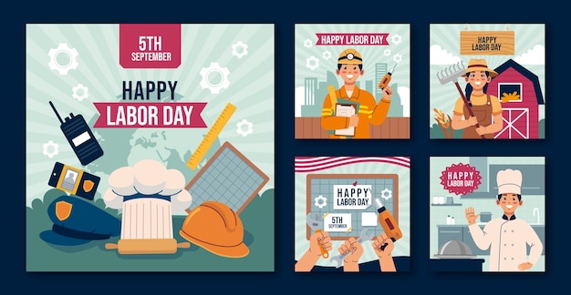 Плоская коллекция постов в instagram для празднования дня труда