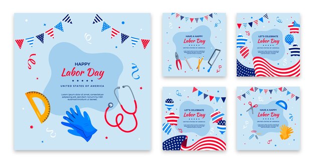 Flat instagram posts collection for labor day celebration