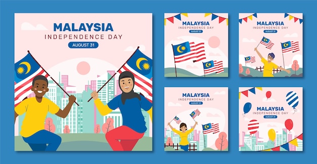 Free vector flat instagram posts collection for malaysia independence day celebration