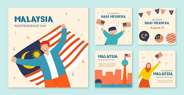 Flat instagram posts collection for malaysia independence day celebration