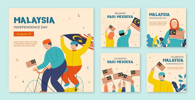 Flat instagram posts collection for malaysia independence day celebration