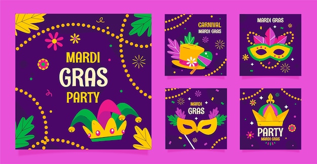 Flat instagram posts collection for mardi gras festival