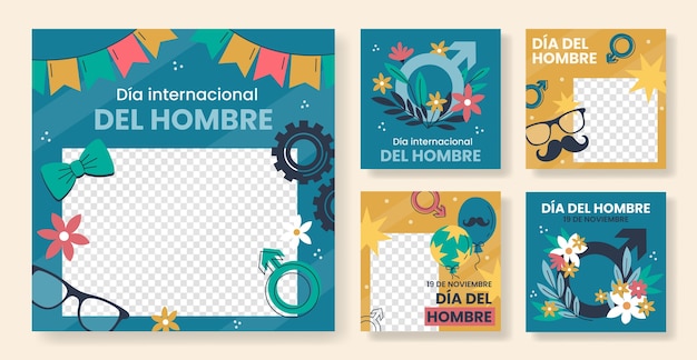 Flat instagram posts collection for men's day in spanish