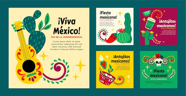 Flat instagram posts collection for mexico independance celebration