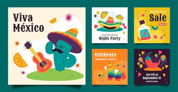 멕시코 독립 축하를 위한 플랫 인스타그램 게시물 컬렉션