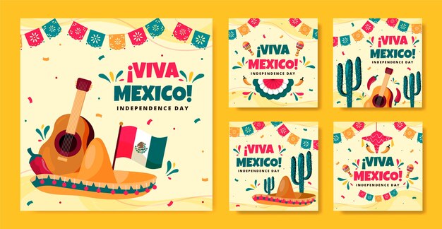 Free vector flat instagram posts collection for mexico independence celebration