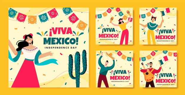 Flat instagram posts collection for mexico independence celebration