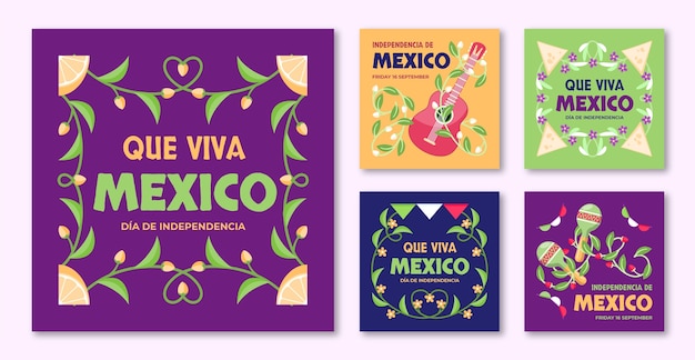 Flat instagram posts collection for mexico independence celebration