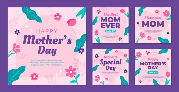 Free vector flat instagram posts collection for mother's day celebration