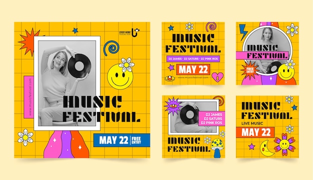 Free vector flat instagram posts collection for music festival