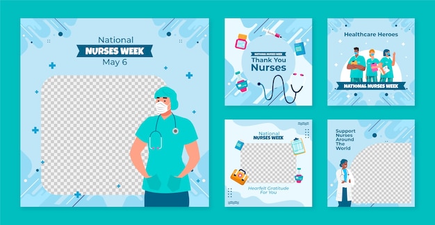 Flat instagram posts collection for national nurses week celebration