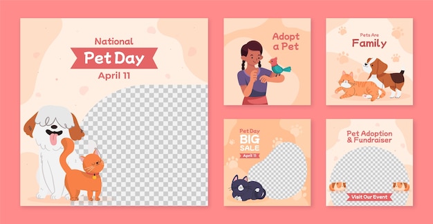 Vettore gratuito flat instagram pubblica una raccolta di post per la giornata nazionale degli animali domestici con gli animali