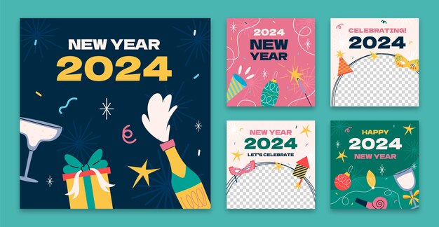 2024 年の新年のお祝いのためのフラットな Instagram 投稿コレクション
