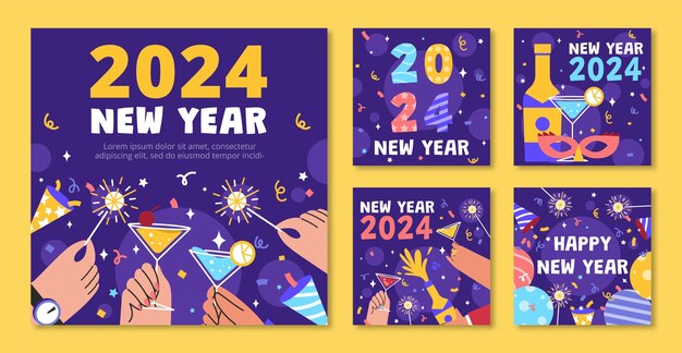 Flat instagram posts collection for new year 2024 celebration