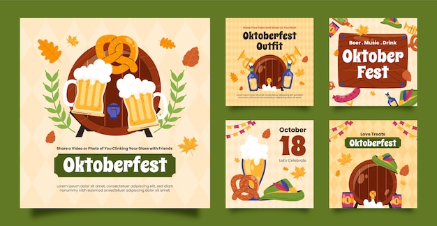 Vettore gratuito collezione di post flat su instagram per la celebrazione del festival della birra oktoberfest