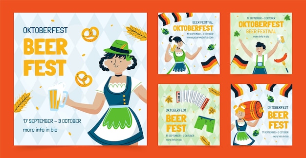 Flat instagram posts collection for oktoberfest beer festival celebration