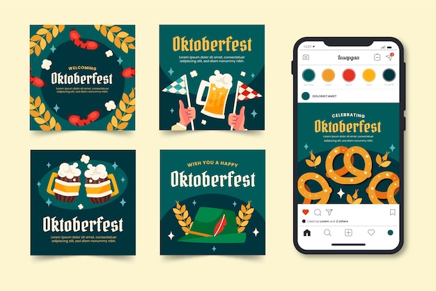 Плоская коллекция постов в Instagram для празднования фестиваля пива Oktoberfest