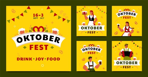 Flat instagram posts collection for oktoberfest beer festival celebration