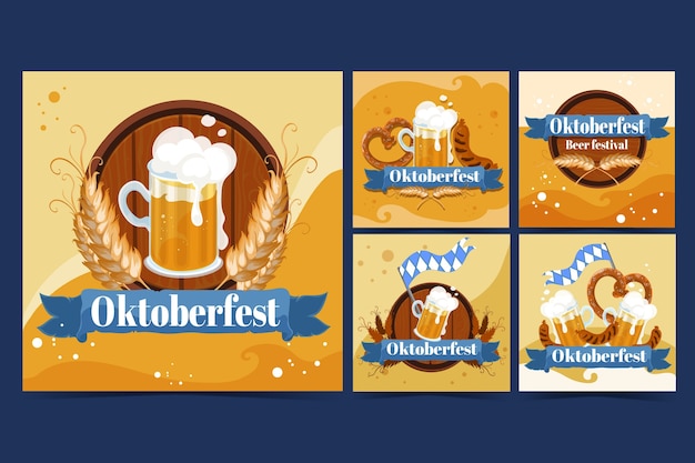 Flat instagram posts collection for oktoberfest beer festival celebration