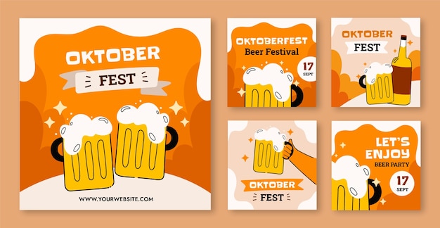 Vettore gratuito raccolta di post instagram piatti per la celebrazione dell'oktoberfest