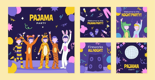 Flat instagram posts collection for pajamas party celebration
