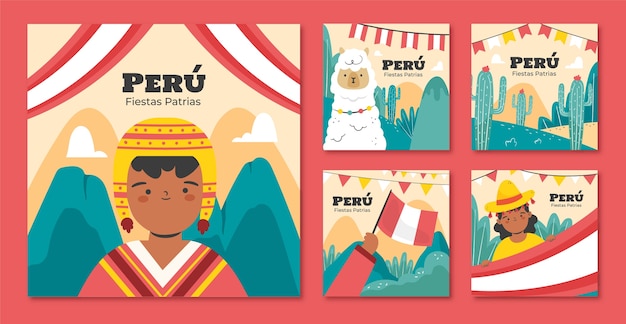 Flat instagram posts collection for peruvian fiestas patrias celebrations