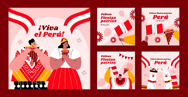 Flat instagram posts collection for peruvian fiestas patrias celebrations