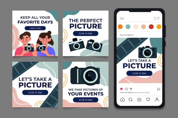 Vettore gratuito collezione di post instagram piatti per la carriera di fotografo