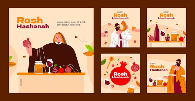 Rosh Hashanah 유대인 새해 축하를 위한 플랫 인스타그램 게시물 컬렉션