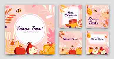 Free vector flat instagram posts collection for rosh hashanah jewish new year celebration