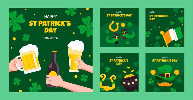 Free vector flat instagram posts collection for saint patrick's day celebration