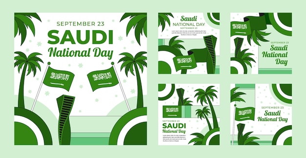Free vector flat instagram posts collection for saudi national day