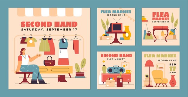 Flat instagram posts collection for second-hand flea market event