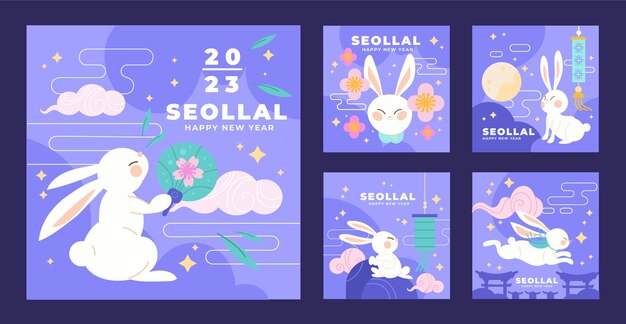 Free vector flat instagram posts collection for seollal celebration