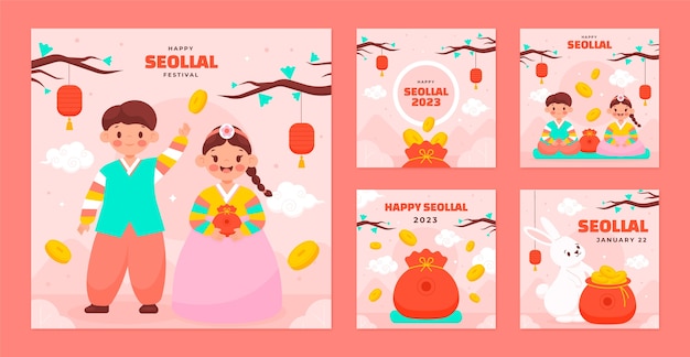 Free vector flat instagram posts collection for seollal festival celebration
