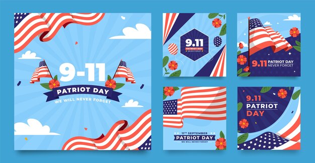 Free vector flat instagram posts collection for september 11 patriot day celebration