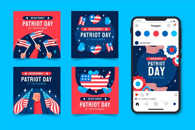 Free vector flat instagram posts collection for september 11 patriot day celebration