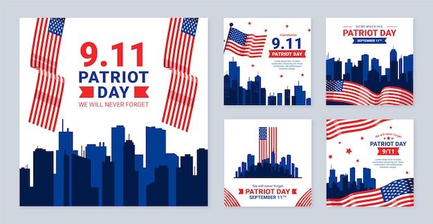 Flat instagram posts collection for september 11 patriot day celebration